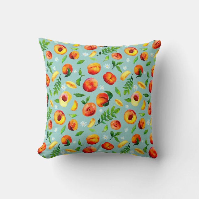 Coussin Watercolor Peach Green Leaves Blue background (Recto)
