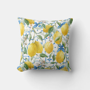 Coussin Watercolor Summer Yellow Lemon Blue Sicilian Tiles