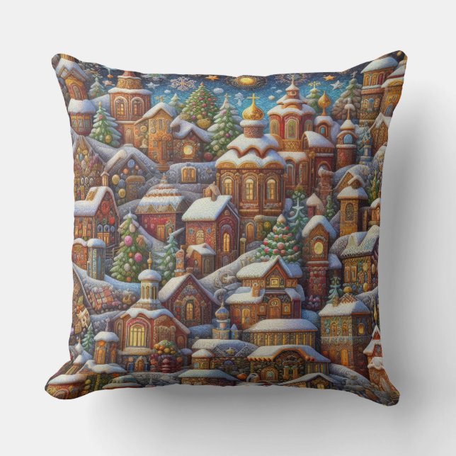 Coussin Watercolor Village Motifs de Noël (Recto)