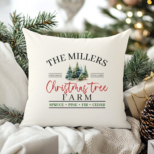 Coussin Waterton Nom de famille Christmas Tree Farm (Watercolor Family Name Christmas Tree Farm Throw Pillow)