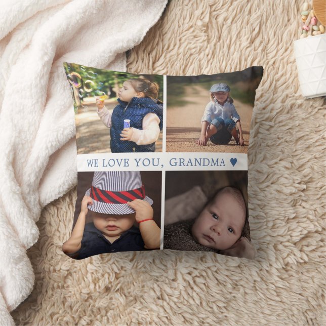 Coussin We Love You 4 Photo Collage personnalisé bleu (Couverture)