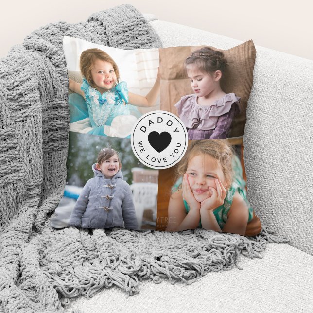 Coussin We Love You Daddy Modern / 4 Photo Collage (Cute custom photo collage "Daddy We Love You" throw pillow.)