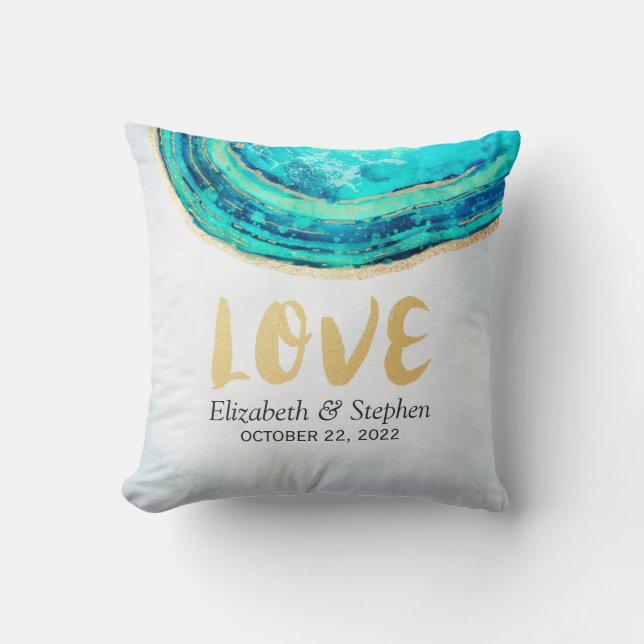 Coussin Wedding shower Aquarelle Turquoise et Gold Géode A (Recto)