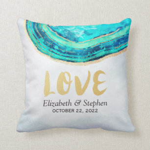 Coussin Wedding shower Aquarelle Turquoise et Gold Géode A