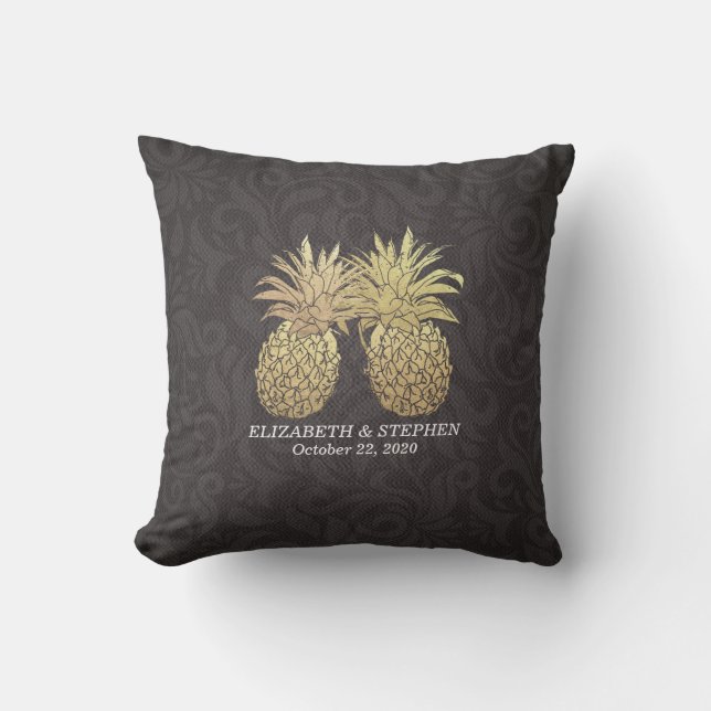 Coussin Wedding shower moderne Black Gold Ananas Couple (Recto)