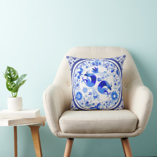 Coussin Weimaraners, Lapins et Oiseaux Otomi Bleu & Blanc 