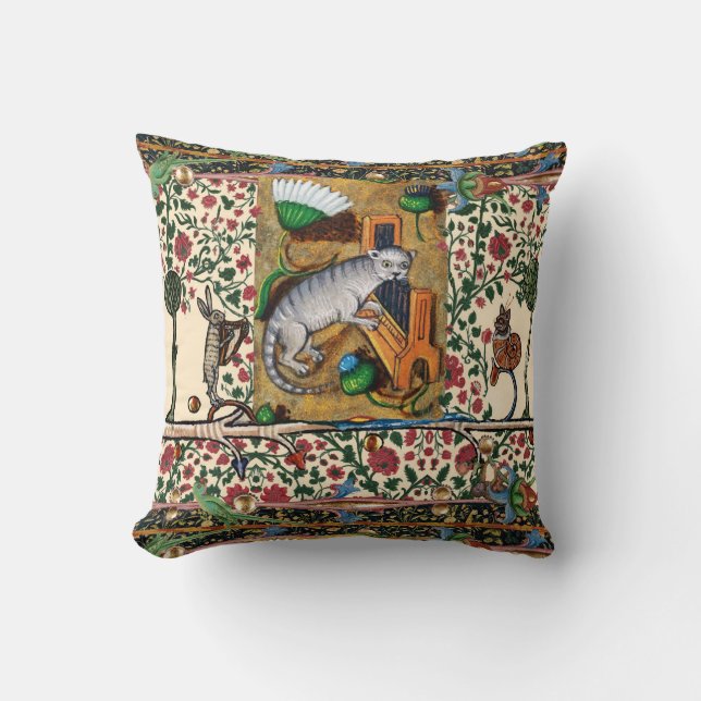 COUSSIN WEIRD MÉDIÉVAL BESTIAIRE MUSIQUE, CAT JOUER ORGE (Recto)