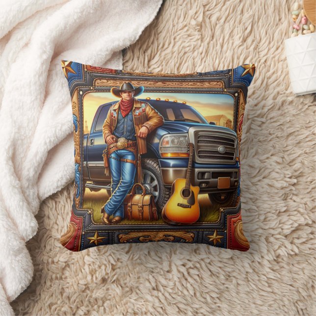 Coussin Western Country Singer Guitar Camion Cuir Imprimer (Couverture)