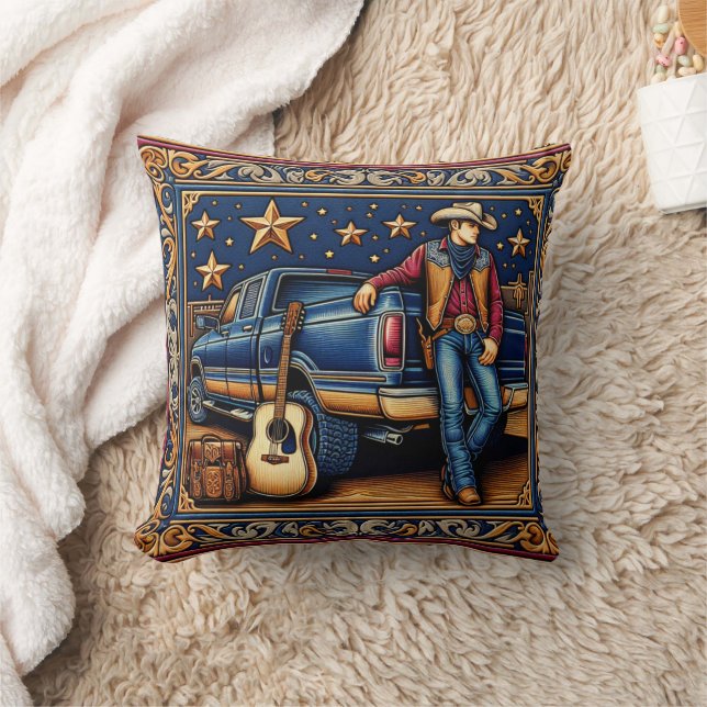 Coussin Western Country Singer Guitare et Camion Bleu (Couverture)