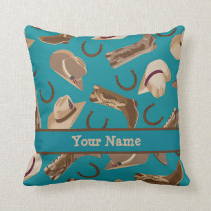 Coussin Western Cowboy Casquette Boots Turquoise Nom Turqu