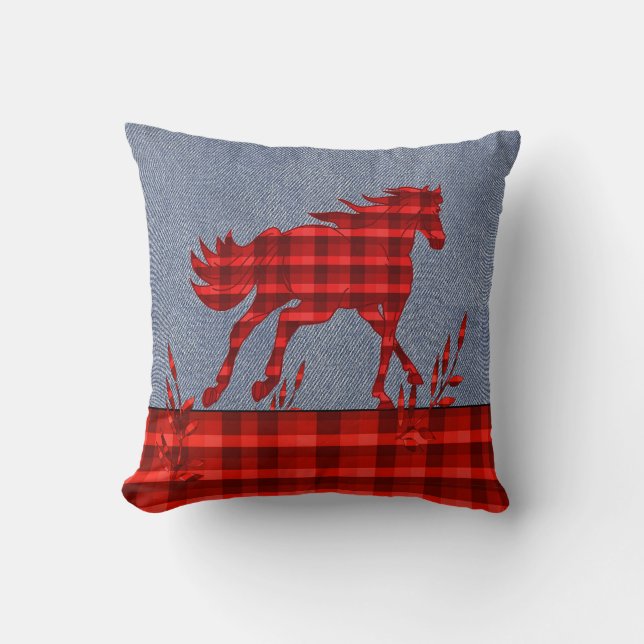 Coussin Western Horse Red Plaid Faux Denim (Recto)