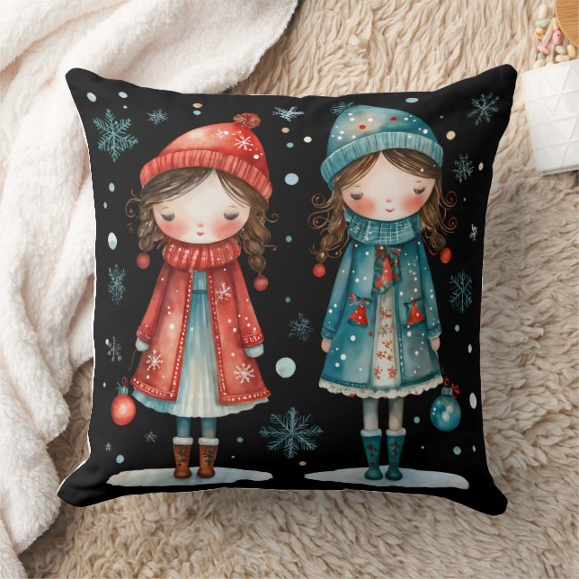 Coussin Whimsical Christmas Girls in the Snow Throw Pillow (Couverture)