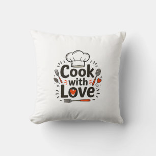 Coussin Whimsical Hand-Drawn "Cook with Love" Logo with Ch