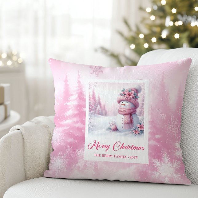 Coussin Whimsical Pink Snowman Winter Scene Pillow Gift (Whimsical Pink Snowman Winter Scene Pillow Gift)