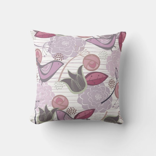 Coussin Whimsical Purple Sweet Birds Floral Garden (Recto)