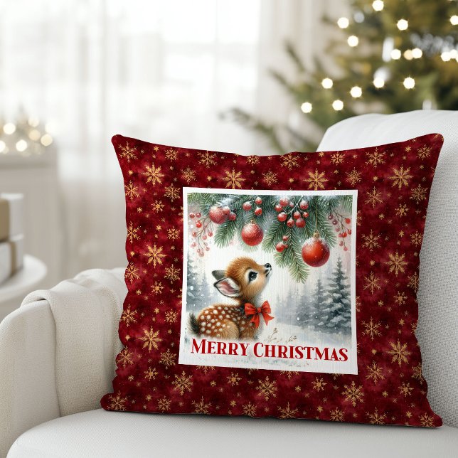 Coussin Whimsical snowy forest baby deer festive Christmas (Whimsical snowy forest baby deer festive Christmas pillow)