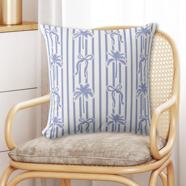 Coussin White Blue Coastal Palm Trees Bows Stripes Pattern (In situ)