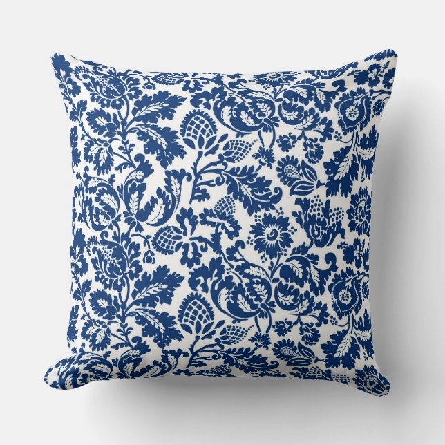 Coussin William Morris Floral Damask, bleu Cobalt sur blan (Recto)