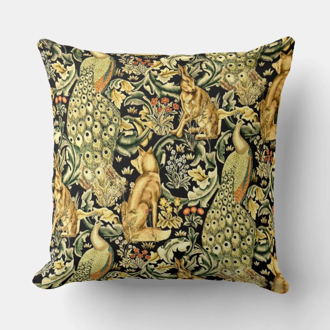 Coussin William Morris Forêt Tapisserie Fox Hare Peacock (Recto)