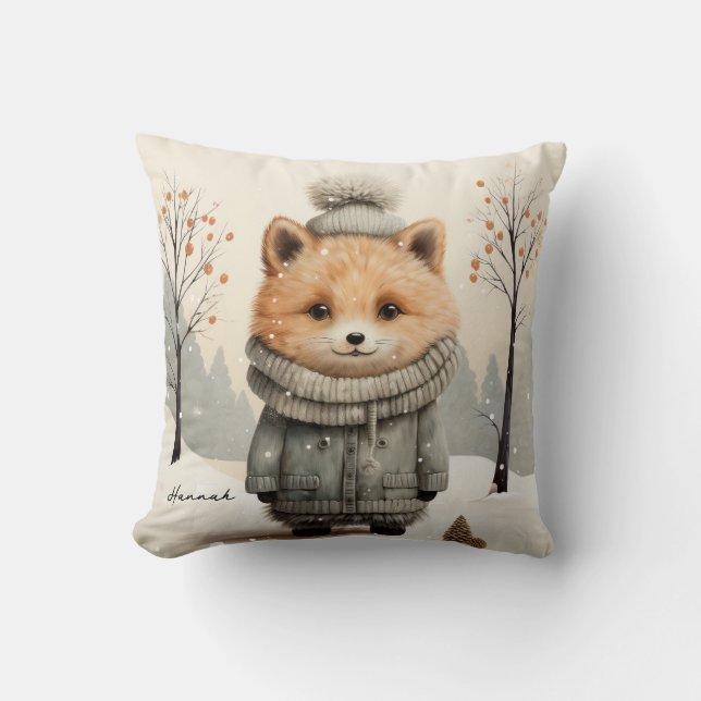 Coussin Winter Fox Throw Pillow Customized with Name (Recto)