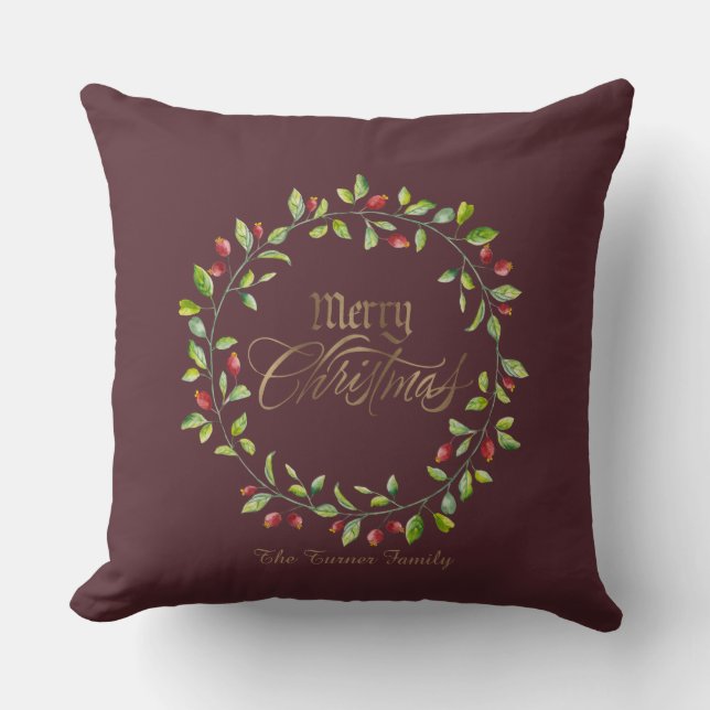 Coussin Winter Red Berries Wreath Gold Joyeux Noël (Recto)