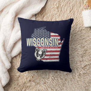 Coussin Wisconsin États-Unis Carte d'état Vintage USA