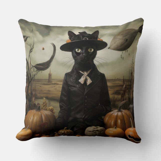 Coussin Witch Cat with Pumpkins  (Recto)