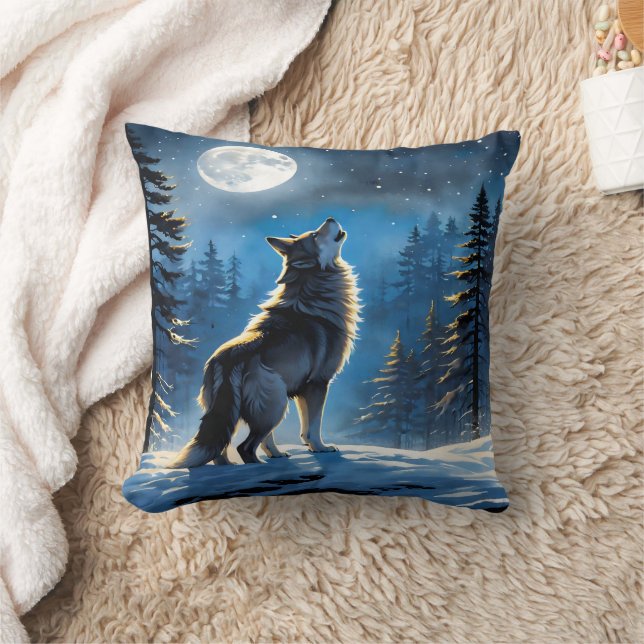 Coussin Wolf Howling Under Pleine lune dans la forêt de ne (Couverture)