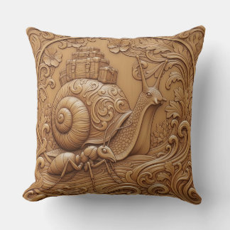 Coussin Wood carving effect Throw Cushion snail and ant