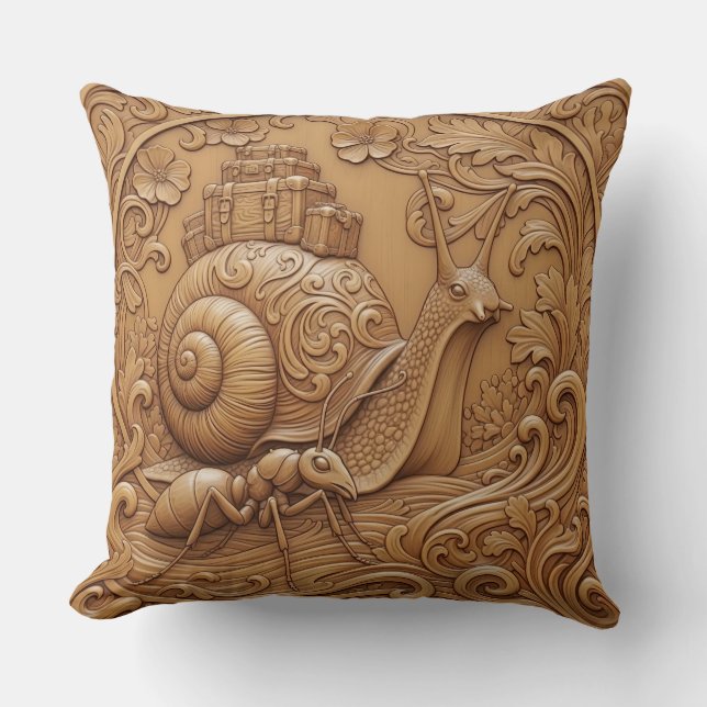 Coussin Wood carving effect Throw Cushion snail and ant (Recto)