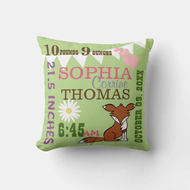 Coussin Woodland Fox Baby Stats de naissance (Recto)