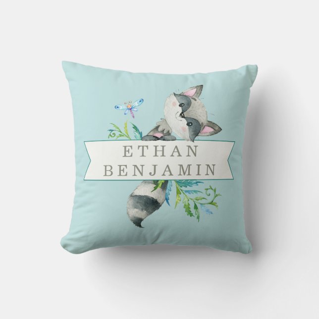 Coussin Woodland Raccoon Aqua Personnalisé (Recto)