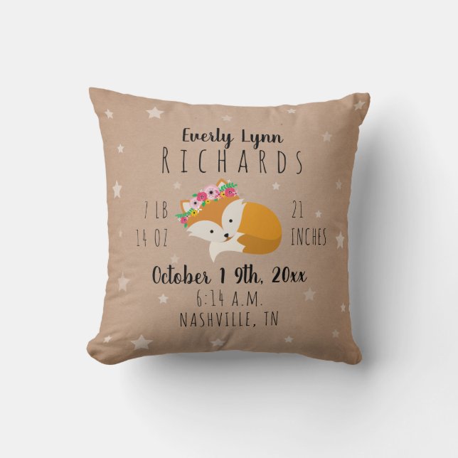 Coussin Woodland Stars Sleepy Fox Girl Birth Stats Nursery (Recto)