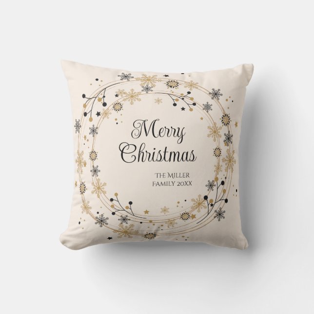 Coussin Wreath moderne avec script Joyeux Noël (Recto)