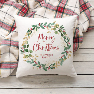 Coussin Wreath moderne et script Joyeux Noël
