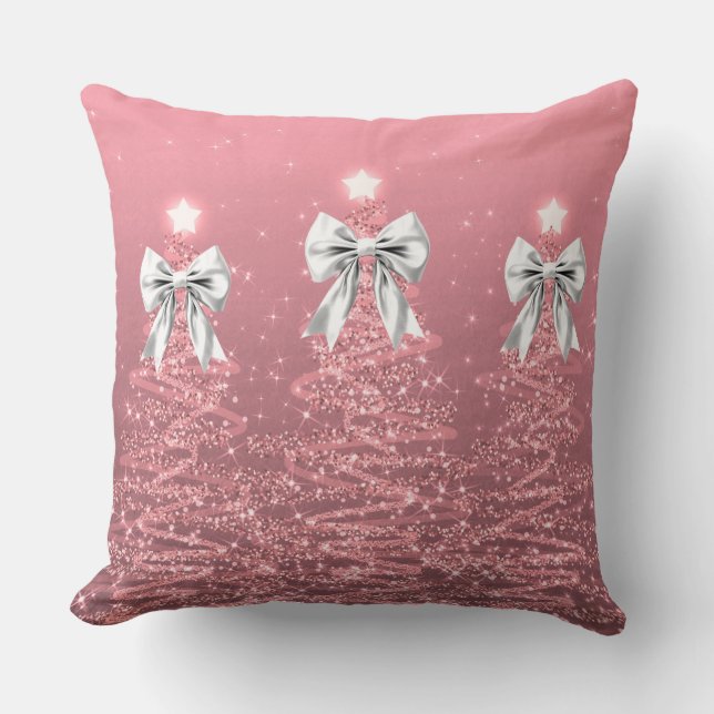 Coussin Xmas Sparkling Trees Blush Pink Faux White Bow  (Recto)