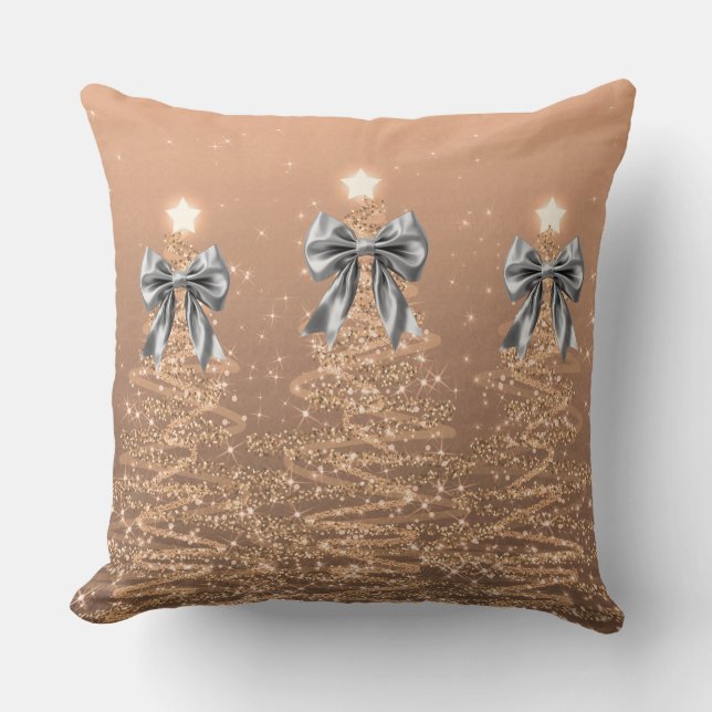 Coussin Xmas Sparkling Trees Rose Gold Faux Silver Bow  (Recto)