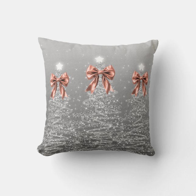 Coussin Xmas Sparkling Trees Silver Faux Rose Gold Bow (Recto)