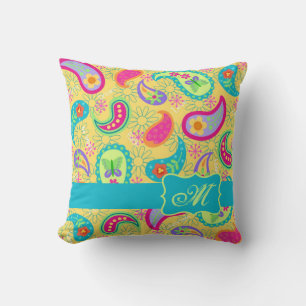 Coussin Yellow Turquoise Moderne Pasley Motif Monogramme