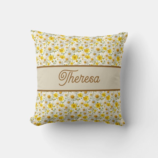 Coussin Yellow Wildflowers Pattern Monogram Name (Recto)