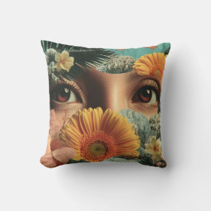 Coussin Yeux surréalistes et fleurs avec papillons
