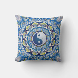 Coussin Yin Yang Balance Vie Bleu Jaune Mandala