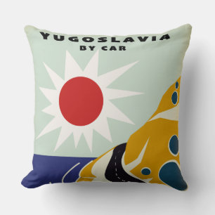 Coussin Yougoslavie en voiture affiche de voyage vintage T