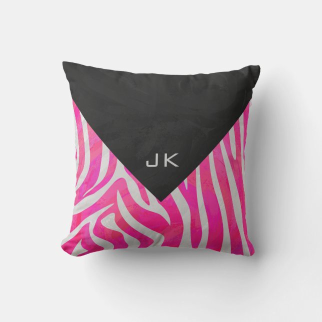 Coussin Zebra Hot rose et blanc avec Monogramme (Recto)