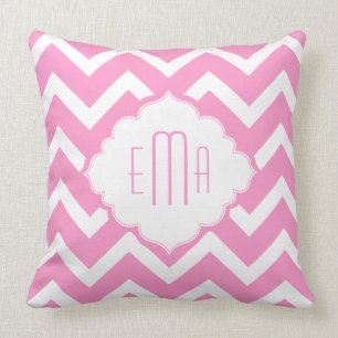Coussin Zigzag géométrique monogramme rose et blanc Chevro