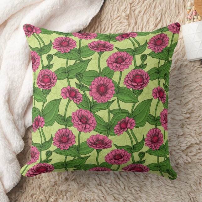 Coussin Zinnias rose sur vert clair (Couverture)