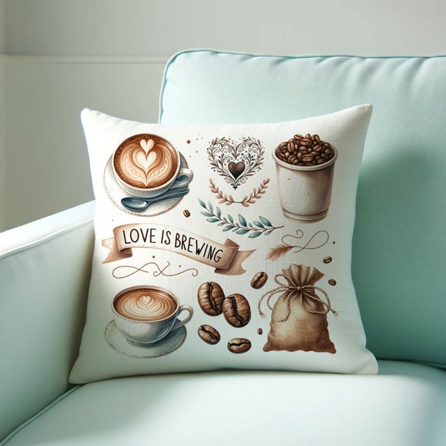 Coussins à Thème de Café (Love is brewing coffee lover bridal shower decor or gift with illustrated coffee-house art)