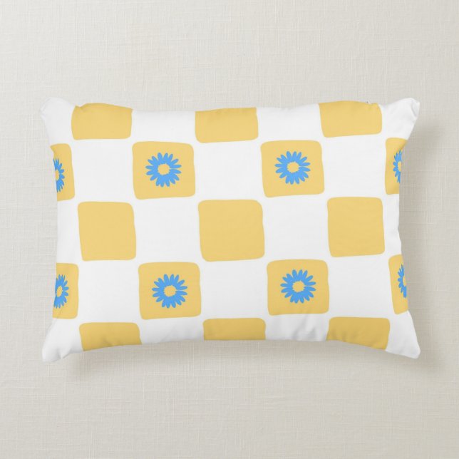 Coussins Décoratifs À damiers Jaune Blanc Avec Motif Fleur Bleu (Devant)