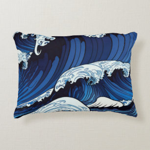 Coussins Décoratifs Abstract Blue Ocean Waves Japanese Style Artwork  