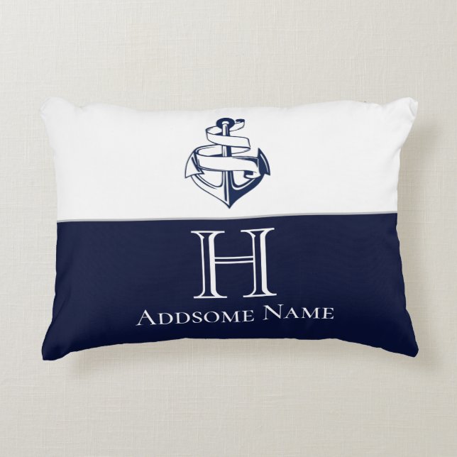 Coussins Décoratifs Ancre Bleue de la marine nautique Monogramme (Devant)